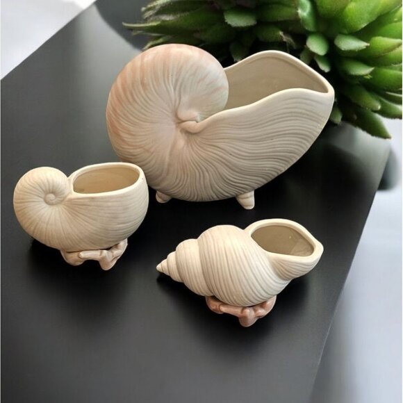3 Fitz & Floyd Coquille Vase Set Ceramic Seashell Planter Vintage Beach Vibes